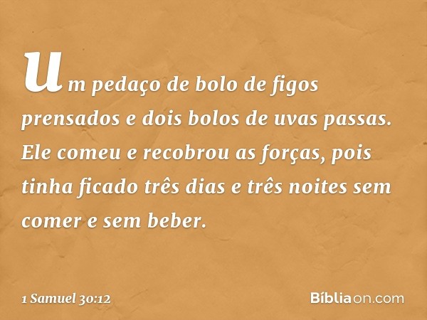 um pedaço de bolo de figos prensados e dois bolos de uvas passas. Ele comeu e recobrou as forças, pois tinha ficado três dias e três noites sem comer e sem bebe