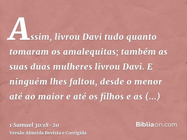 Assim, livrou Davi tudo quanto tomaram os amalequitas; também as suas duas mulheres livrou Davi.E ninguém lhes faltou, desde o menor até ao maior e até os filho