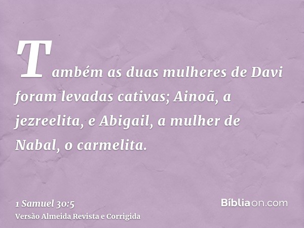 Também as duas mulheres de Davi foram levadas cativas; Ainoã, a jezreelita, e Abigail, a mulher de Nabal, o carmelita.