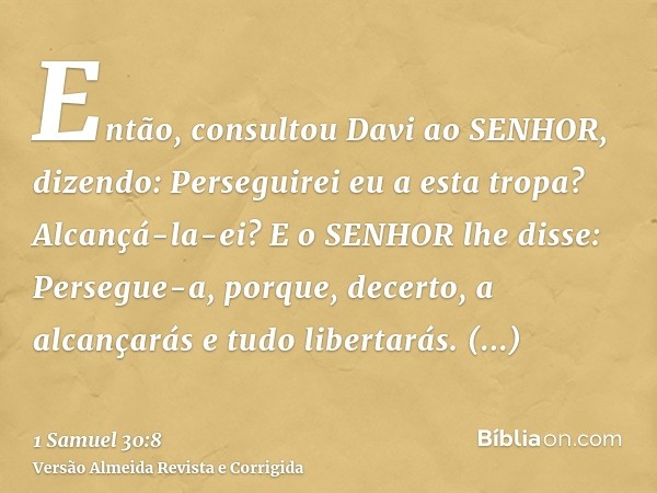 Então, consultou Davi ao SENHOR, dizendo: Perseguirei eu a esta tropa? Alcançá-la-ei? E o SENHOR lhe disse: Persegue-a, porque, decerto, a alcançarás e tudo lib
