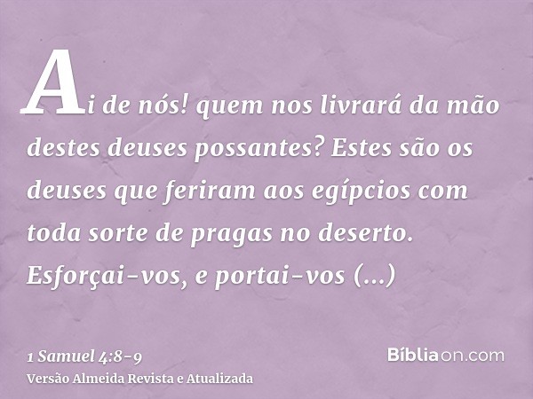 Ai de nós! quem nos livrará da mão destes deuses possantes? Estes são os deuses que feriram aos egípcios com toda sorte de pragas no deserto.Esforçai-vos, e por
