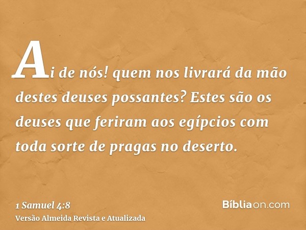 Ai de nós! quem nos livrará da mão destes deuses possantes? Estes são os deuses que feriram aos egípcios com toda sorte de pragas no deserto.