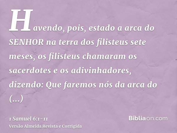 Havendo, pois, estado a arca do SENHOR na terra dos filisteus sete meses,os filisteus chamaram os sacerdotes e os adivinhadores, dizendo: Que faremos nós da arc