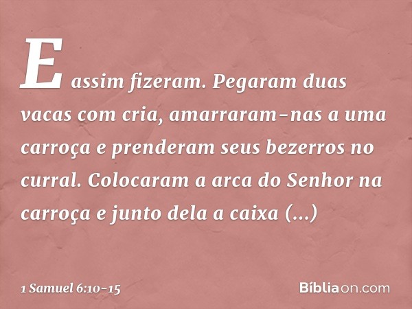 E assim fizeram. Pegaram duas vacas com cria, amarraram-nas a uma carroça e prenderam seus bezerros no curral. Colocaram a arca do Senhor na carroça e junto del