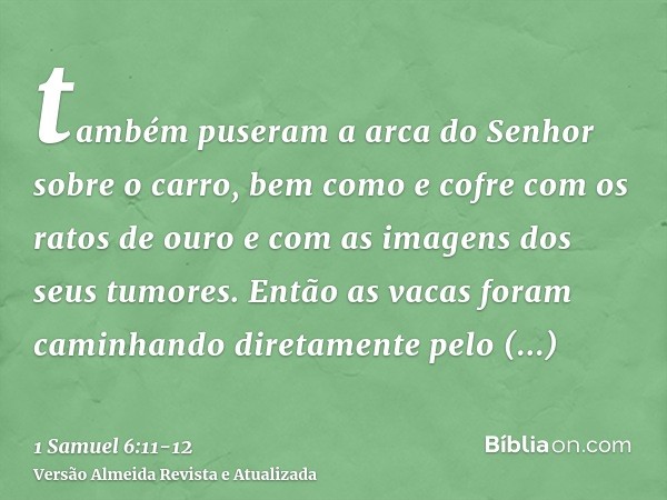 também puseram a arca do Senhor sobre o carro, bem como e cofre com os ratos de ouro e com as imagens dos seus tumores.Então as vacas foram caminhando diretamen