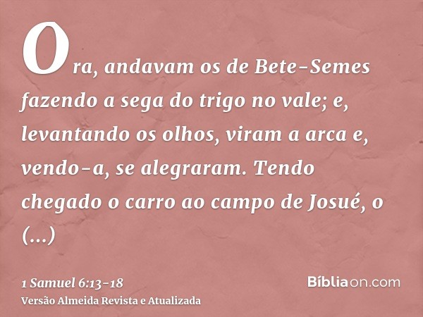 Ora, andavam os de Bete-Semes fazendo a sega do trigo no vale; e, levantando os olhos, viram a arca e, vendo-a, se alegraram.Tendo chegado o carro ao campo de J