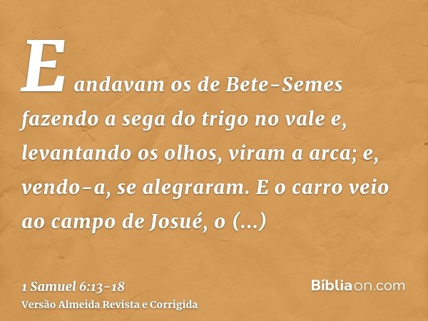 E andavam os de Bete-Semes fazendo a sega do trigo no vale e, levantando os olhos, viram a arca; e, vendo-a, se alegraram.E o carro veio ao campo de Josué, o be