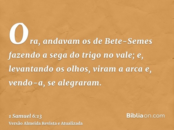 Ora, andavam os de Bete-Semes fazendo a sega do trigo no vale; e, levantando os olhos, viram a arca e, vendo-a, se alegraram.