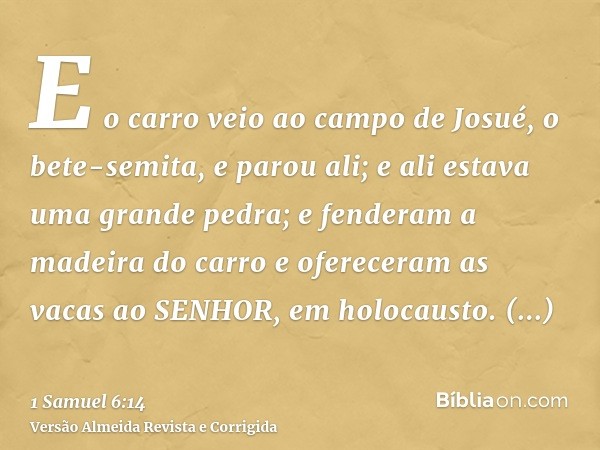 E o carro veio ao campo de Josué, o bete-semita, e parou ali; e ali estava uma grande pedra; e fenderam a madeira do carro e ofereceram as vacas ao SENHOR, em h