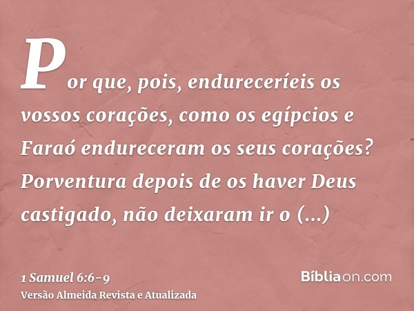 Por que, pois, endureceríeis os vossos corações, como os egípcios e Faraó endureceram os seus corações? Porventura depois de os haver Deus castigado, não deixar