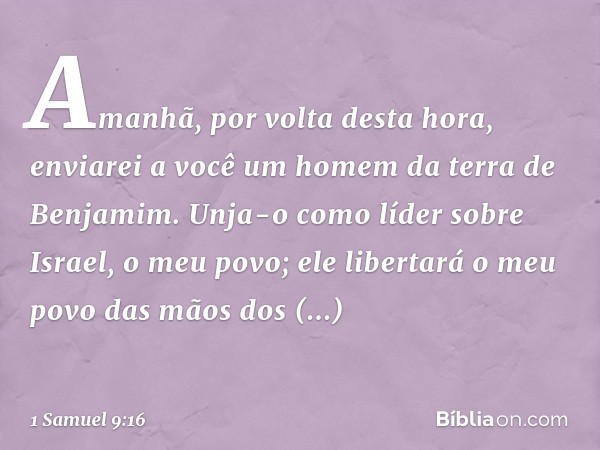 "Ama­nhã, por volta desta hora, enviarei a você um homem da terra de Benjamim. Unja-o como líder sobre Israel, o meu povo; ele libertará o meu povo das mãos dos