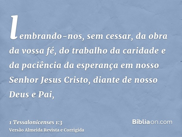 lembrando-nos, sem cessar, da obra da vossa fé, do trabalho da caridade e da paciência da esperança em nosso Senhor Jesus Cristo, diante de nosso Deus e Pai,