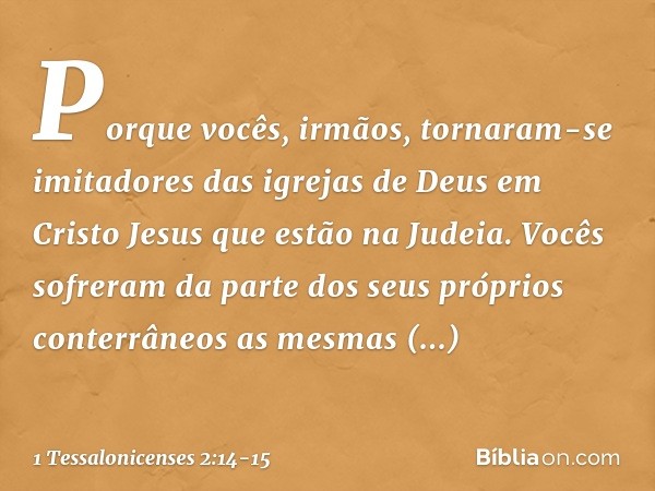 Porque vocês, irmãos, tornaram-se imitadores das igrejas de Deus em Cristo Jesus que estão na Judeia. Vocês sofreram da parte dos seus próprios conterrâneos as 