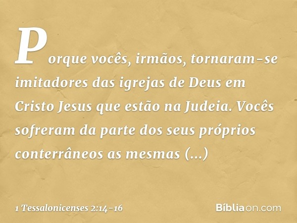 Porque vocês, irmãos, tornaram-se imitadores das igrejas de Deus em Cristo Jesus que estão na Judeia. Vocês sofreram da parte dos seus próprios conterrâneos as 