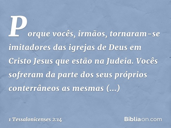 Porque vocês, irmãos, tornaram-se imitadores das igrejas de Deus em Cristo Jesus que estão na Judeia. Vocês sofreram da parte dos seus próprios conterrâneos as 