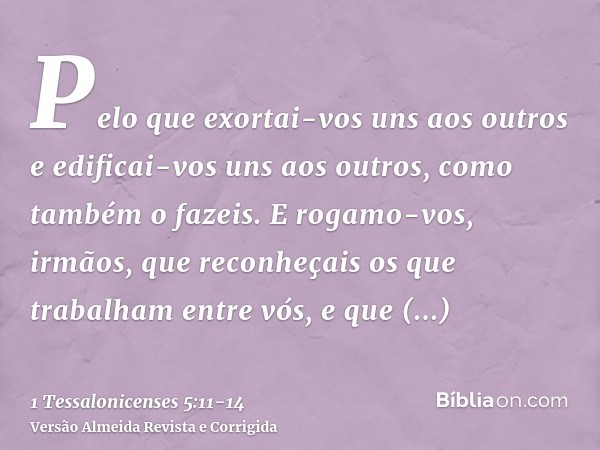 Pelo que exortai-vos uns aos outros e edificai-vos uns aos outros, como também o fazeis.E rogamo-vos, irmãos, que reconheçais os que trabalham entre vós, e que 