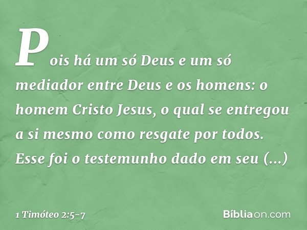 Pois há um só Deus
e um só mediador
entre Deus e os homens:
o homem Cristo Jesus, o qual se entregou a si mesmo
como resgate por todos.
Esse foi o testemunho da