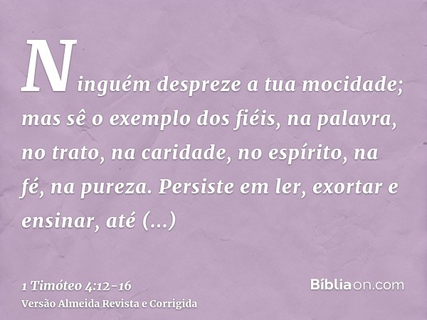 Ninguém despreze a tua mocidade; mas sê o exemplo dos fiéis, na palavra, no trato, na caridade, no espírito, na fé, na pureza.Persiste em ler, exortar e ensinar