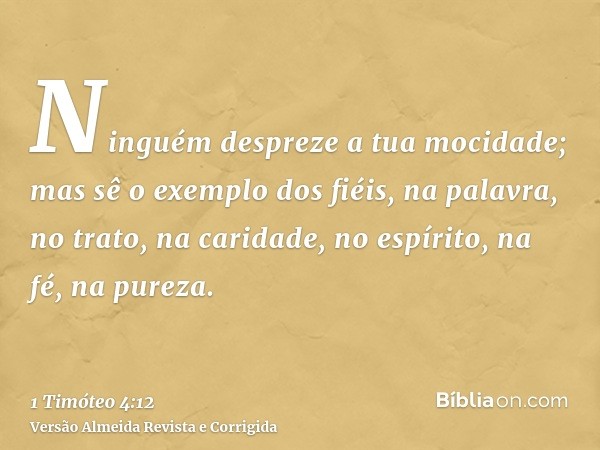 Ninguém despreze a tua mocidade; mas sê o exemplo dos fiéis, na palavra, no trato, na caridade, no espírito, na fé, na pureza.