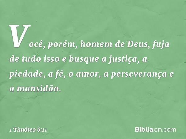 Você, porém, homem de Deus, fuja de tudo isso e busque a justiça, a piedade, a fé, o amor, a perseverança e a mansidão. -- 1 Timóteo 6:11