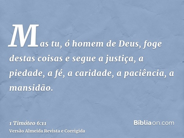 Mas tu, ó homem de Deus, foge destas coisas e segue a justiça, a piedade, a fé, a caridade, a paciência, a mansidão.