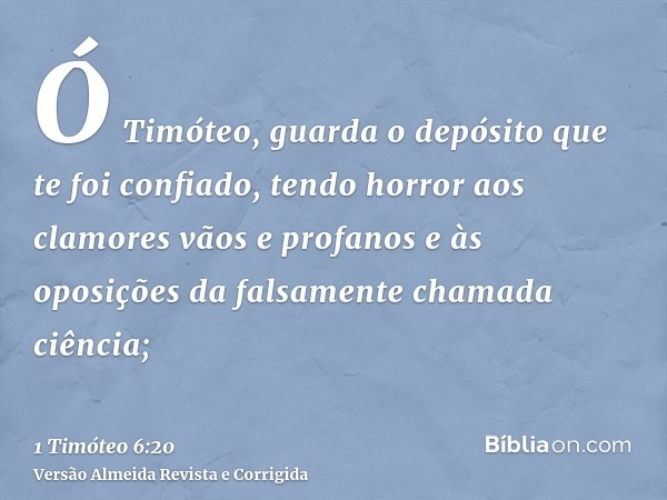 Ó Timóteo, guarda o depósito que te foi confiado, tendo horror aos clamores vãos e profanos e às oposições da falsamente chamada ciência;