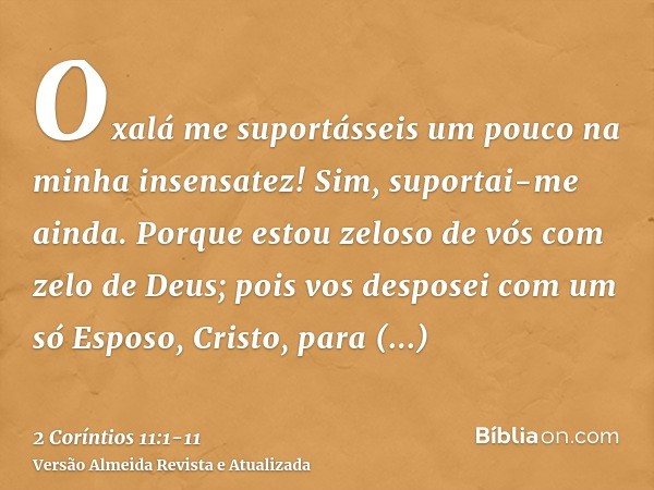 Oxalá me suportásseis um pouco na minha insensatez! Sim, suportai-me ainda.Porque estou zeloso de vós com zelo de Deus; pois vos desposei com um só Esposo, Cris