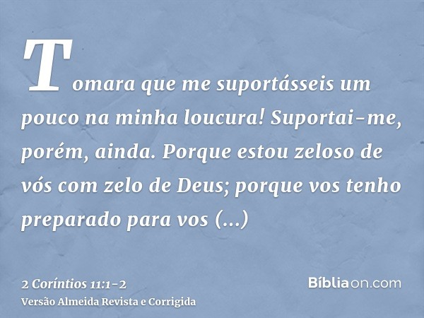 Tomara que me suportásseis um pouco na minha loucura! Suportai-me, porém, ainda.Porque estou zeloso de vós com zelo de Deus; porque vos tenho preparado para vos