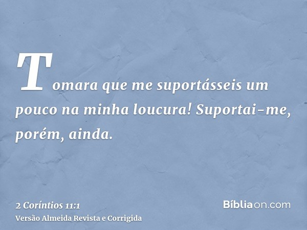 Tomara que me suportásseis um pouco na minha loucura! Suportai-me, porém, ainda.