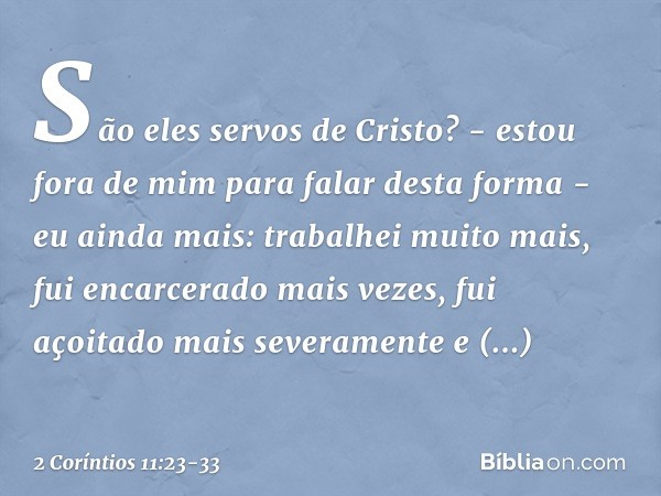 São eles servos de Cristo? - estou fora de mim para falar desta forma - eu ainda mais: trabalhei muito mais, fui encarcerado mais vezes, fui açoitado mais sever