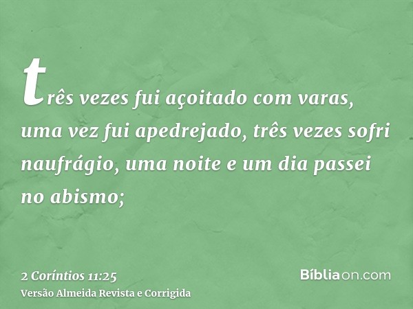 três vezes fui açoitado com varas, uma vez fui apedrejado, três vezes sofri naufrágio, uma noite e um dia passei no abismo;
