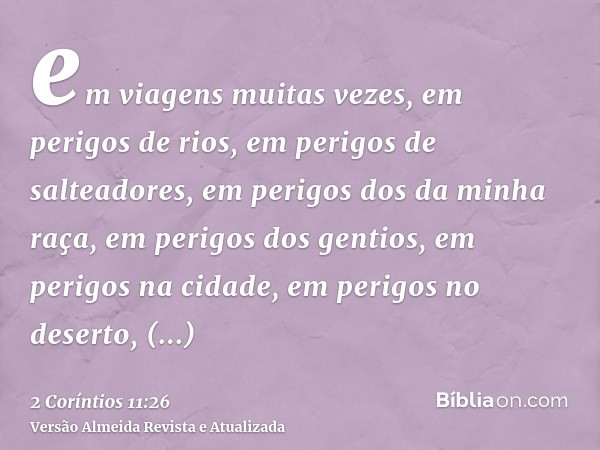 em viagens muitas vezes, em perigos de rios, em perigos de salteadores, em perigos dos da minha raça, em perigos dos gentios, em perigos na cidade, em perigos n