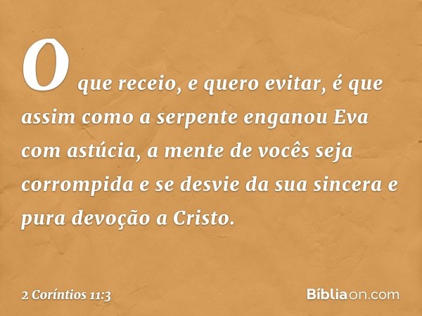 O que receio, e quero evitar, é que assim como a serpente enganou Eva com astúcia, a mente de vocês seja corrompida e se desvie da sua sincera e pura devoção a 