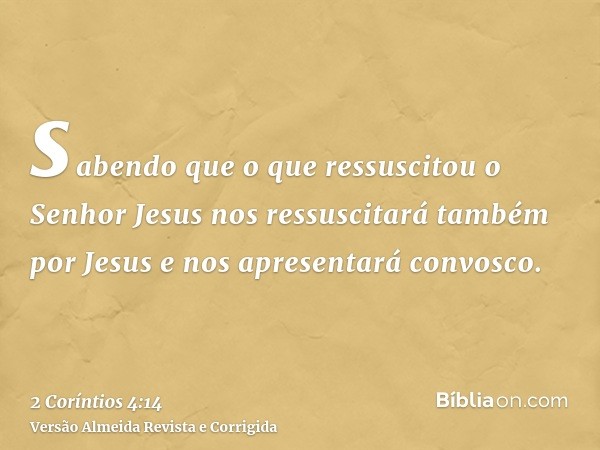 sabendo que o que ressuscitou o Senhor Jesus nos ressuscitará também por Jesus e nos apresentará convosco.