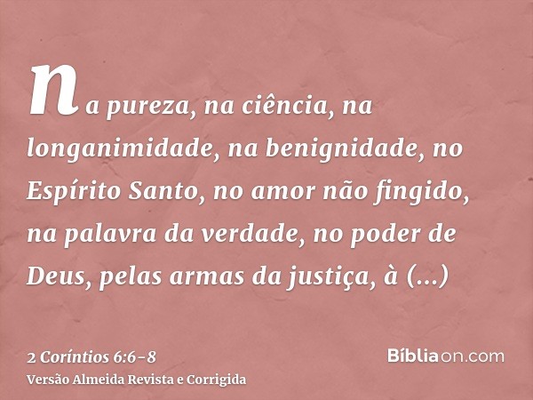 na pureza, na ciência, na longanimidade, na benignidade, no Espírito Santo, no amor não fingido,na palavra da verdade, no poder de Deus, pelas armas da justiça,