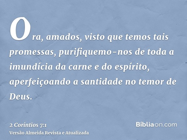 Ora, amados, visto que temos tais promessas, purifiquemo-nos de toda a imundícia da carne e do espírito, aperfeiçoando a santidade no temor de Deus.