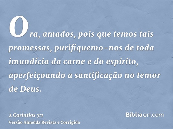 Ora, amados, pois que temos tais promessas, purifiquemo-nos de toda imundícia da carne e do espírito, aperfeiçoando a santificação no temor de Deus.