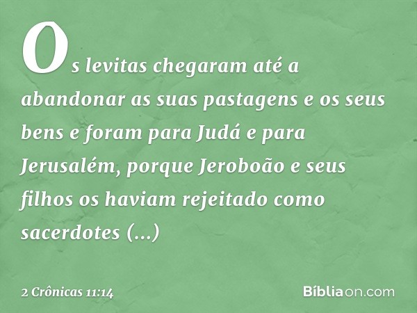 Os levitas chegaram até a abandonar as suas pastagens e os seus bens e foram para Judá e para Jerusalém, porque Jeroboão e seus filhos os haviam rejeitado como 