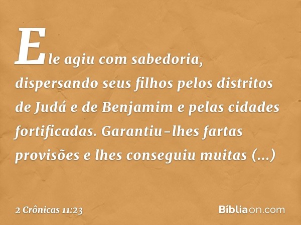 Ele agiu com sabedoria, dispersando seus filhos pelos distritos de Judá e de Benjamim e pelas cidades fortificadas. Garantiu-lhes fartas provisões e lhes conseg