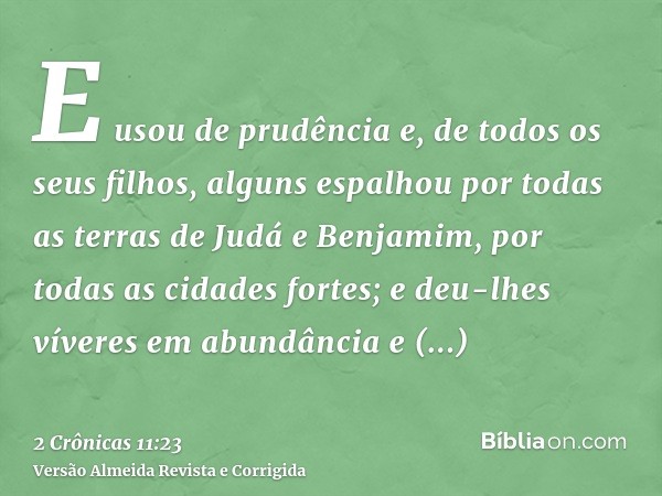 E usou de prudência e, de todos os seus filhos, alguns espalhou por todas as terras de Judá e Benjamim, por todas as cidades fortes; e deu-lhes víveres em abund
