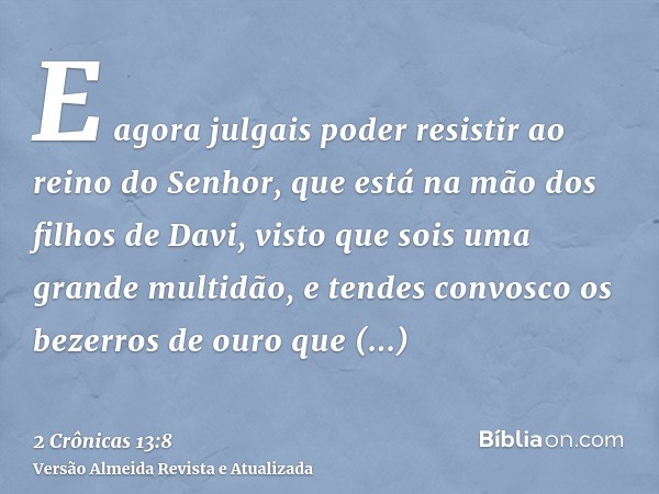 E agora julgais poder resistir ao reino do Senhor, que está na mão dos filhos de Davi, visto que sois uma grande multidão, e tendes convosco os bezerros de ouro