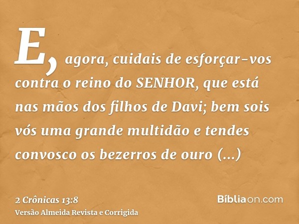 E, agora, cuidais de esforçar-vos contra o reino do SENHOR, que está nas mãos dos filhos de Davi; bem sois vós uma grande multidão e tendes convosco os bezerros
