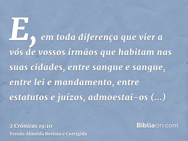E, em toda diferença que vier a vós de vossos irmãos que habitam nas suas cidades, entre sangue e sangue, entre lei e mandamento, entre estatutos e juízos, admo