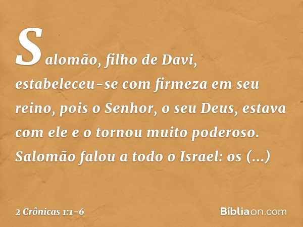 Salomão, filho de Davi, estabeleceu-se com firmeza em seu reino, pois o Senhor, o seu Deus, estava com ele e o tornou muito poderoso. Salomão falou a todo o Isr