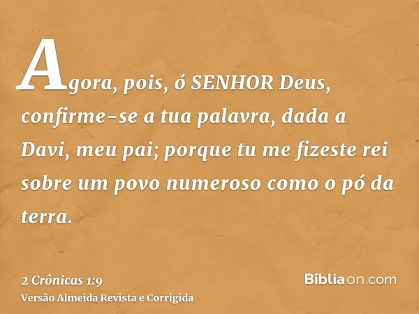 Agora, pois, ó SENHOR Deus, confirme-se a tua palavra, dada a Davi, meu pai; porque tu me fizeste rei sobre um povo numeroso como o pó da terra.