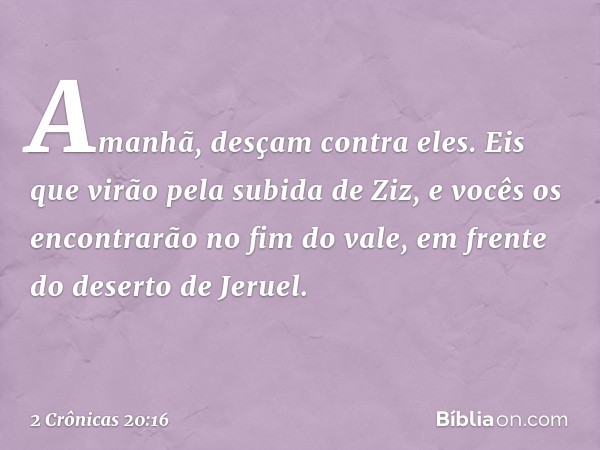 Ama­nhã, desçam contra eles. Eis que virão pela subida de Ziz, e vocês os encontrarão no fim do vale, em frente do deserto de Jeruel. -- 2 Crônicas 20:16