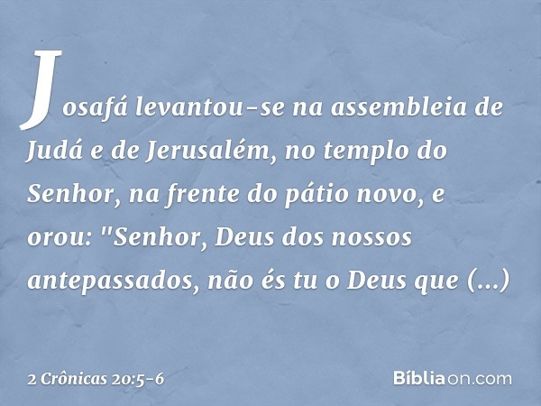 Josafá levantou-se na assembleia de Judá e de Jerusalém, no templo do Senhor, na frente do pátio novo, e orou:
"Senhor, Deus dos nossos antepassados, não és tu 