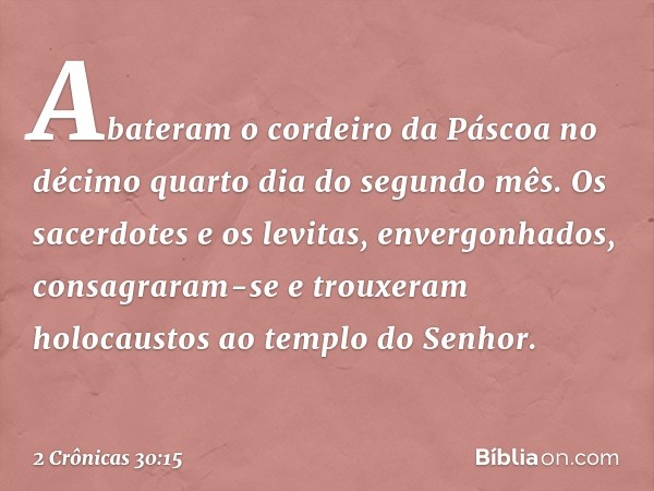 Abateram o cordeiro da Páscoa no décimo quarto dia do segundo mês. Os sacerdotes e os levitas, envergonhados, consagraram-se e trouxeram holocaustos ao templo d