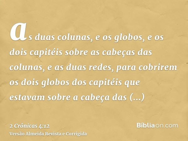 as duas colunas, e os globos, e os dois capitéis sobre as cabeças das colunas, e as duas redes, para cobrirem os dois globos dos capitéis que estavam sobre a ca