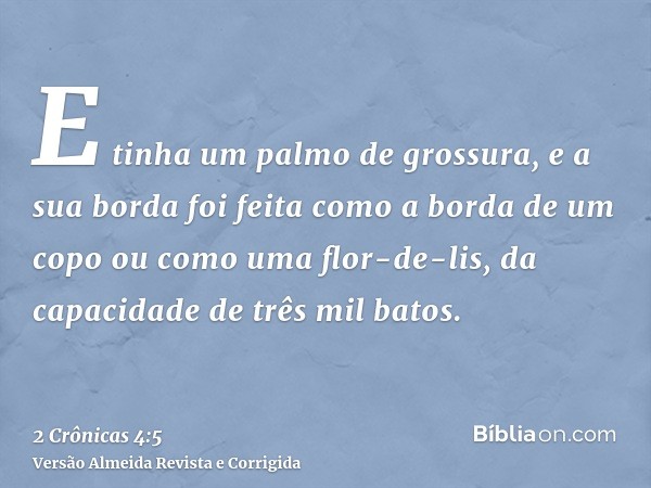 E tinha um palmo de grossura, e a sua borda foi feita como a borda de um copo ou como uma flor-de-lis, da capacidade de três mil batos.
